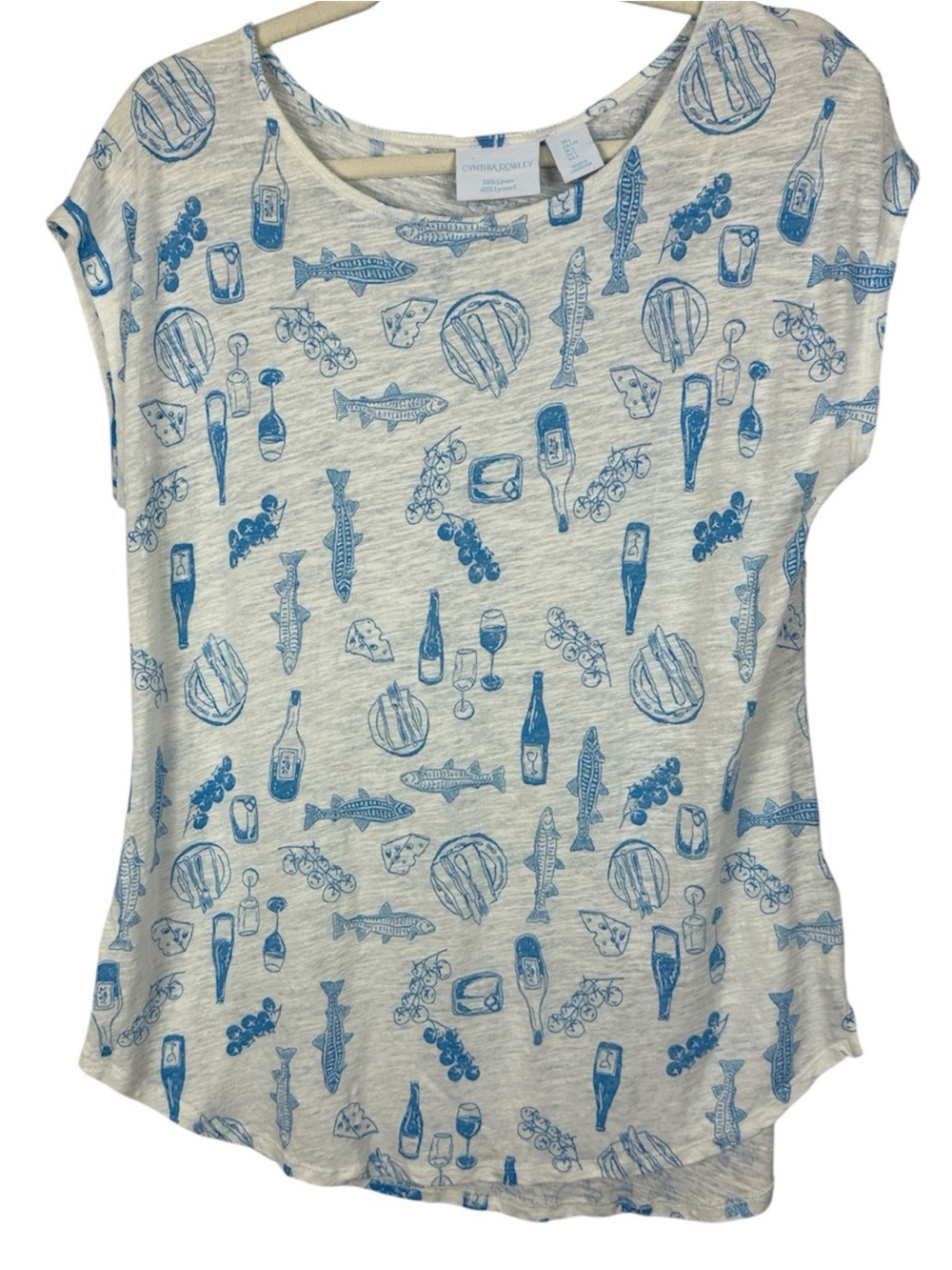 Cynthia Rowley Linen Blend Nautical Picnic Novelty Print Top Large
